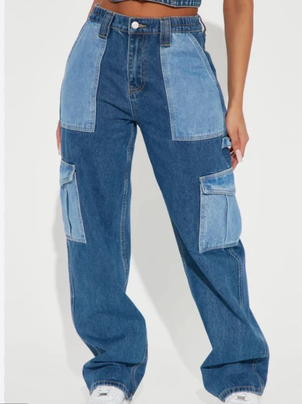 Two Tone Carpenter Cargo Jeans Straight Leg‎ Multi Pocket Patchwork Denim